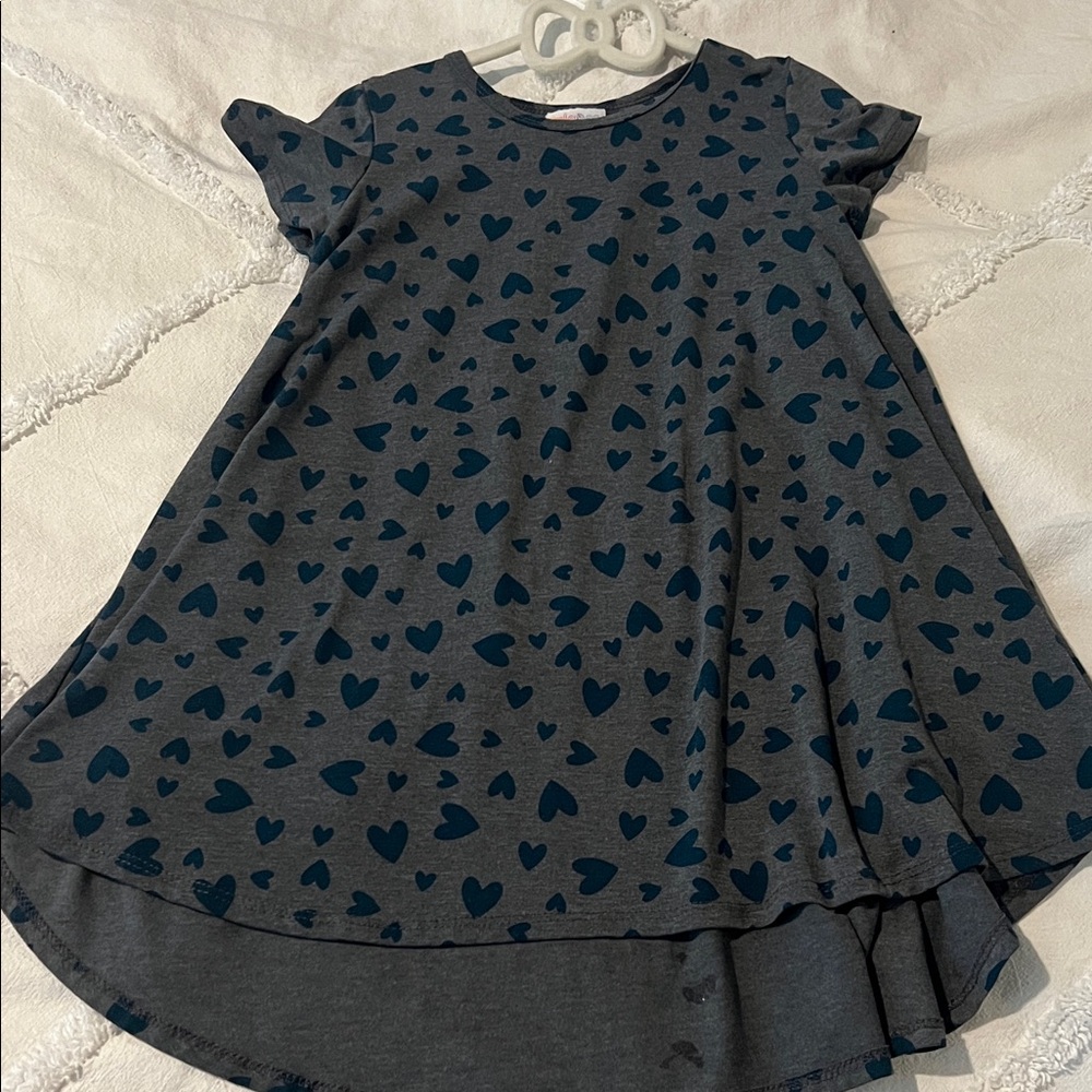 LuLaRoe Charming Gray and Teal Heart Kids Dress Size 8